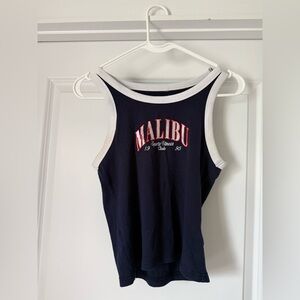 Y2K Malibu Baby Tank Top Womens Medium Navy White Ringer Fitted Stretch 2000s